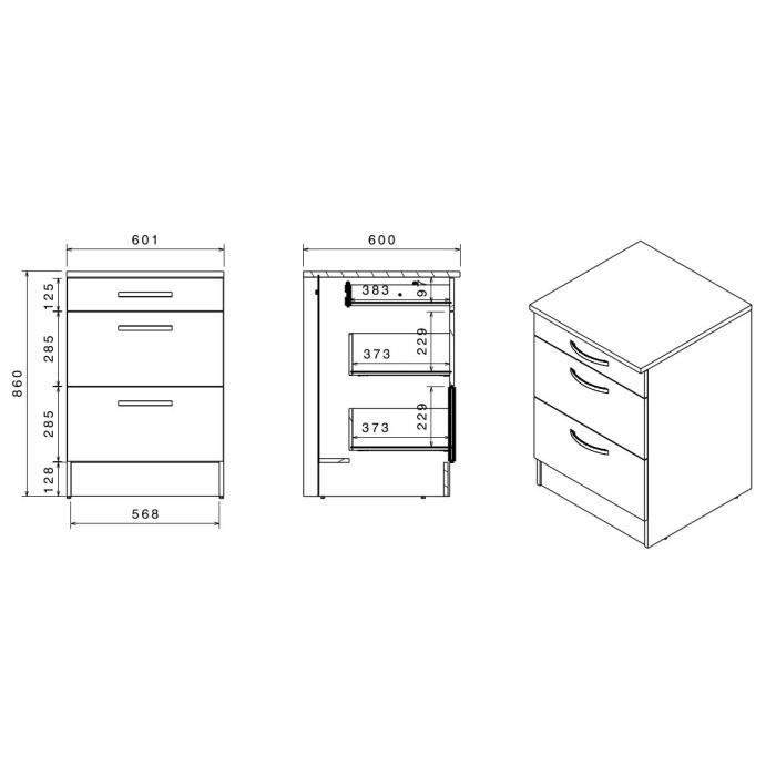 OSLO Meuble Bas 3 tiroirs + plan - Décor blanc - L 60 x P 60 x H 86 cm