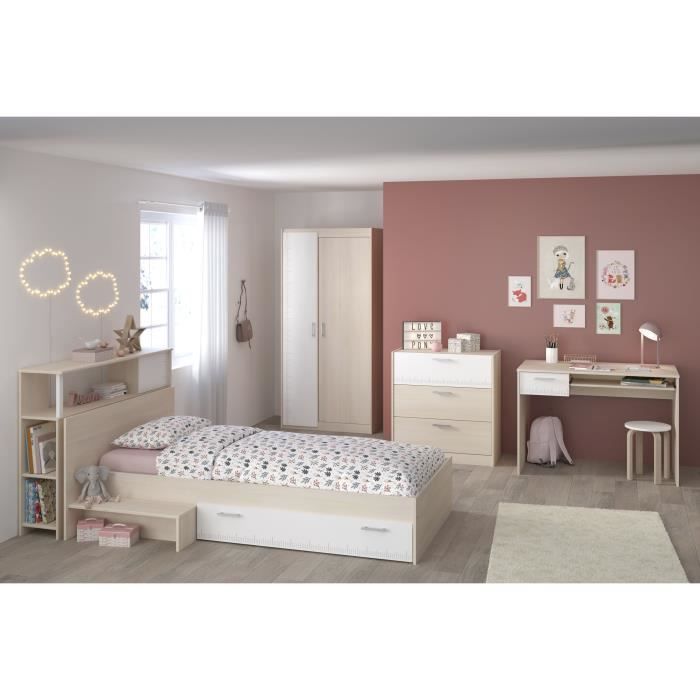 PARISOT Chambre enfant complete - Tete de lit + lit + commode + armoire + bureau - contemporain - DÈcor acacia clair et blanc -