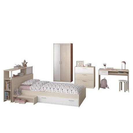 PARISOT Chambre enfant complete - Tete de lit + lit + commode + armoire + bureau - contemporain - Décor acacia clair et blanc -