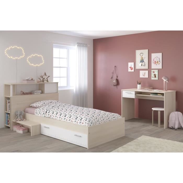 PARISOT Chambre enfant complete Tete de lit + lit + bureau - Style contemporain - DÈcor acacia clair et blanc - CHARLEMAGNE