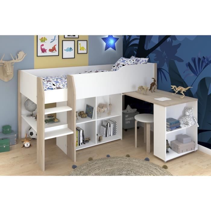 Lit combinÈ enfant avec bureau rÈtractable - PARISOT - LIAM - Blanc et chene - Sommier inclus - 90x200 cm