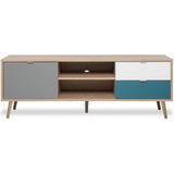 Meuble TV scandinave CUBA - DÈcor chene, gris, blanc et bleu pÈtrole - 1 Porte - L 150 x P 40 x H 51 cm