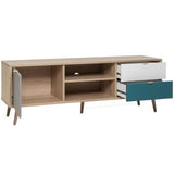 Meuble TV scandinave CUBA - DÈcor chene, gris, blanc et bleu pÈtrole - 1 Porte - L 150 x P 40 x H 51 cm