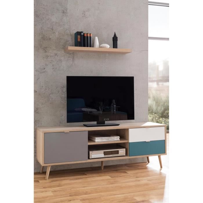 Meuble TV scandinave CUBA - DÈcor chene, gris, blanc et bleu pÈtrole - 1 Porte - L 150 x P 40 x H 51 cm