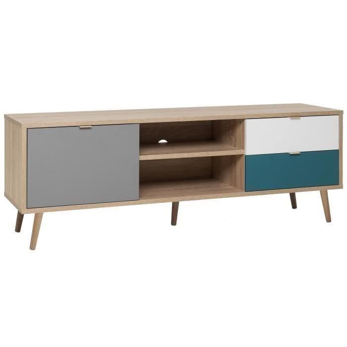 Meuble TV scandinave CUBA - DÈcor chene, gris, blanc et bleu pÈtrole - 1 Porte - L 150 x P 40 x H 51 cm