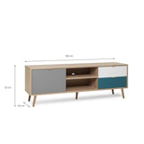 Meuble TV scandinave CUBA - DÈcor chene, gris, blanc et bleu pÈtrole - 1 Porte - L 150 x P 40 x H 51 cm