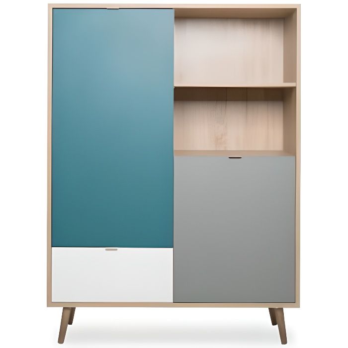 Buffet haut - Chene Sonoma, blanc, gris et bleu - Style scandinave - CUBA - L 103 x P 40 x H 139  cm