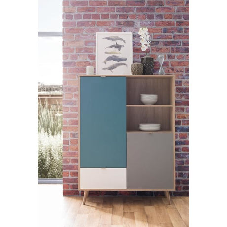 Buffet haut - Chene Sonoma, blanc, gris et bleu - Style scandinave - CUBA - L 103 x P 40 x H 139  cm