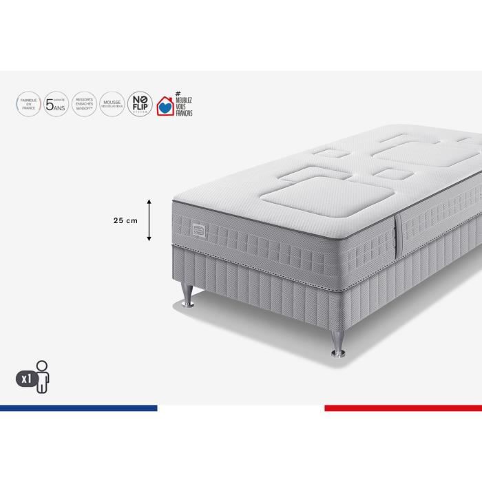 Ensemble matelas sommier 90 x 200 SIMMONS Hauteur 25 cm - Ressorts ensachés Sensoft - Fabriqué en France -  SW3