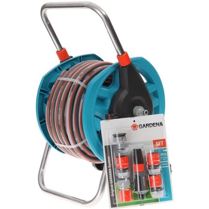 GARDENA Dévidoir portable équipé – Longueur 20m – Raccord anti-goutte – Kit complet tuyau d'arrosage – Garantie 5 ans (2691-20)