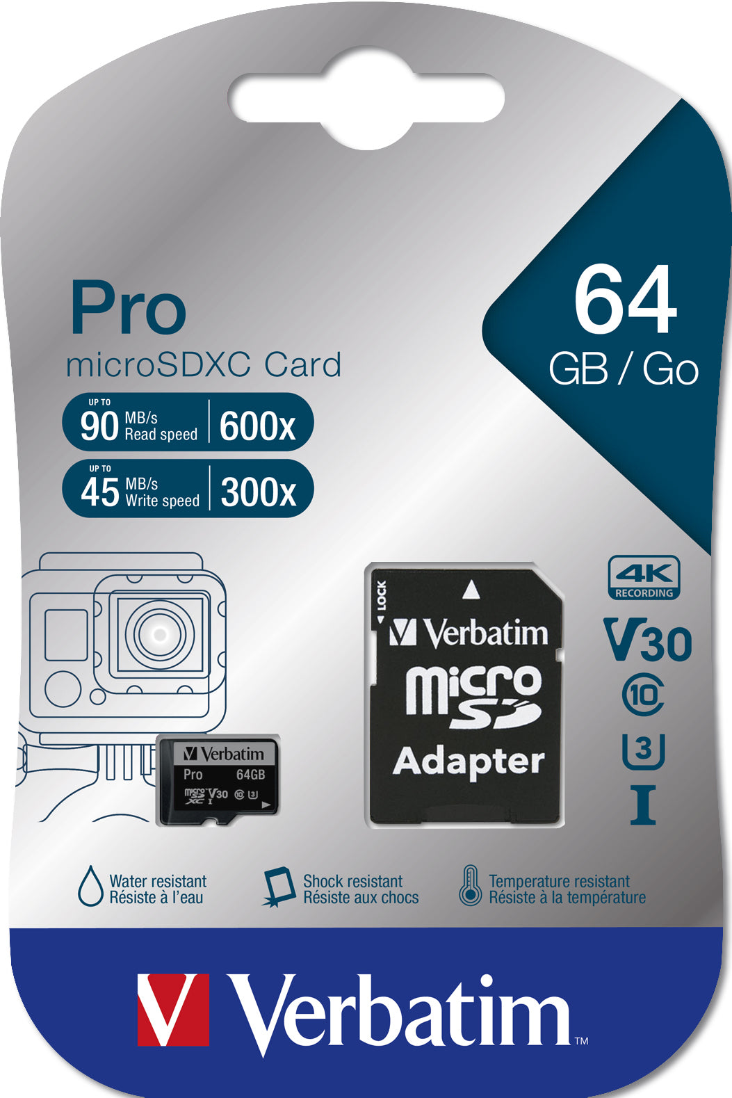 Carte mémoire Micro SD Verbatim Pro U3 - 64Go avec adaptateur