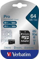 Carte mémoire Micro SD Verbatim Pro U3 - 64Go avec adaptateur