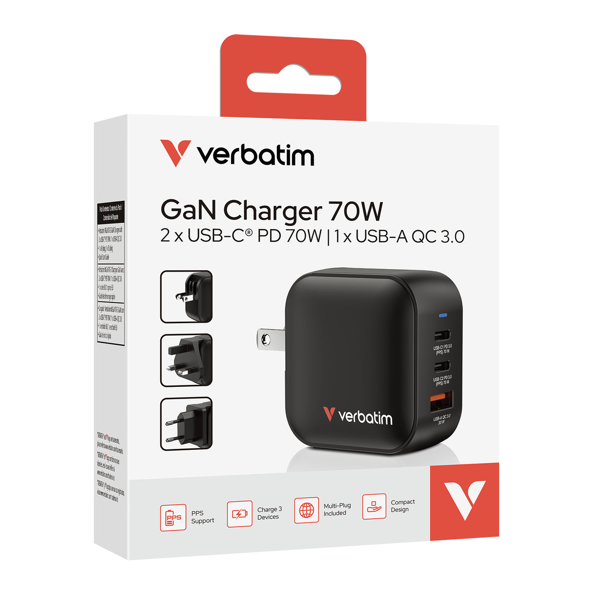 Chargeur secteur Verbatim Mini GaN 1x USB-A + 2x USB-C 70W (Noir)
