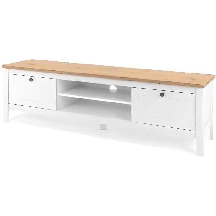 Meuble TV 2 tiroirs - DÈcor chene artisan et blanc - L 160 x P 45 x H 40 cm - BERGEN