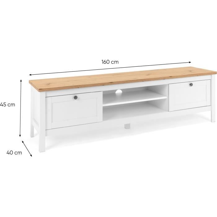 Meuble TV 2 tiroirs - DÈcor chene artisan et blanc - L 160 x P 45 x H 40 cm - BERGEN