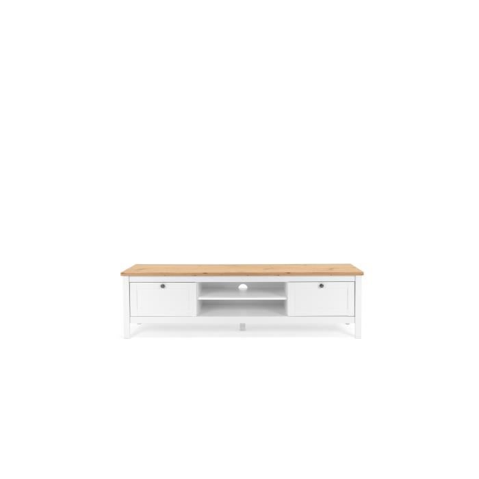 Meuble TV 2 tiroirs - DÈcor chene artisan et blanc - L 160 x P 45 x H 40 cm - BERGEN