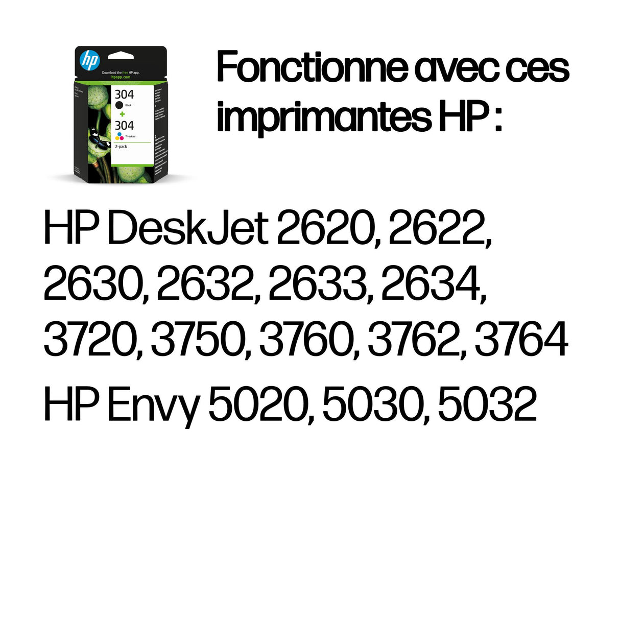 HP 304 Pack de 2 cartouches d'encre noire et trois couleurs authentiques (3JB05AE) pour DeskJet 2620/2630/3720/3730, Envy 5020/5030