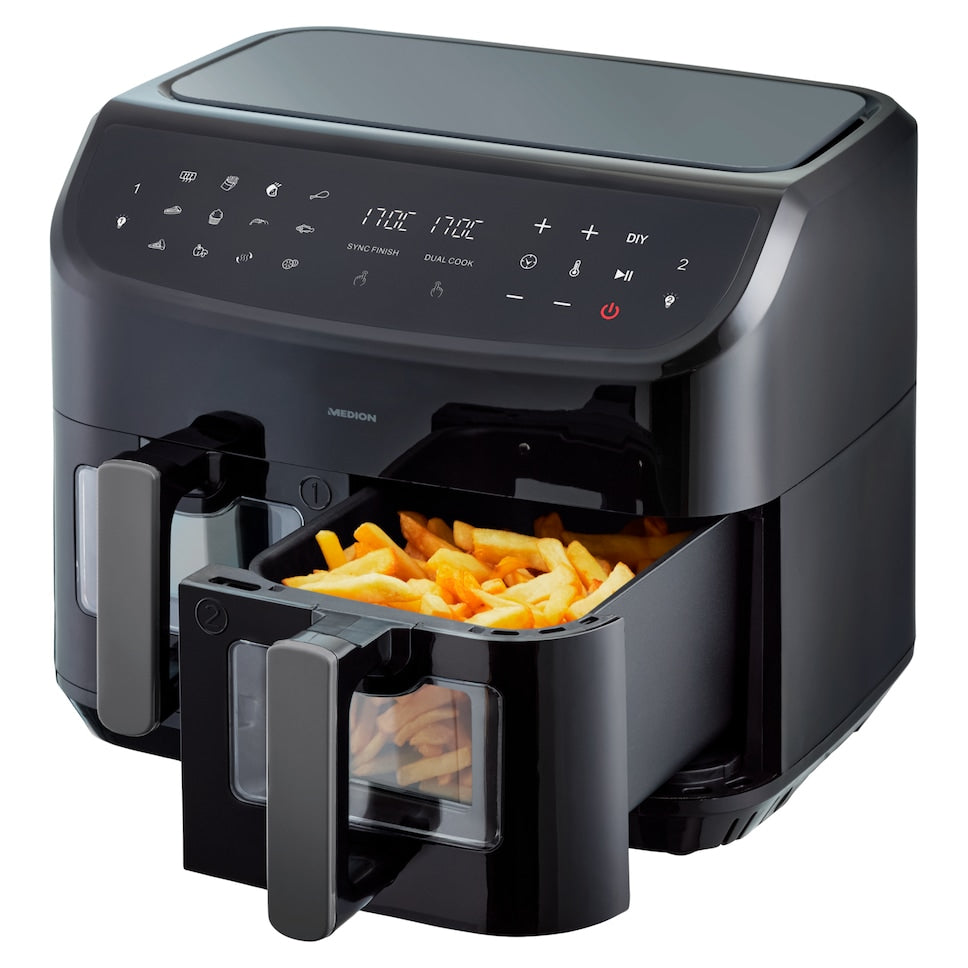 Friteuse a Air Chaud - MEDION - P20 XXL Twin - 2600 W - 2 paniers - 9 programmes - Noir