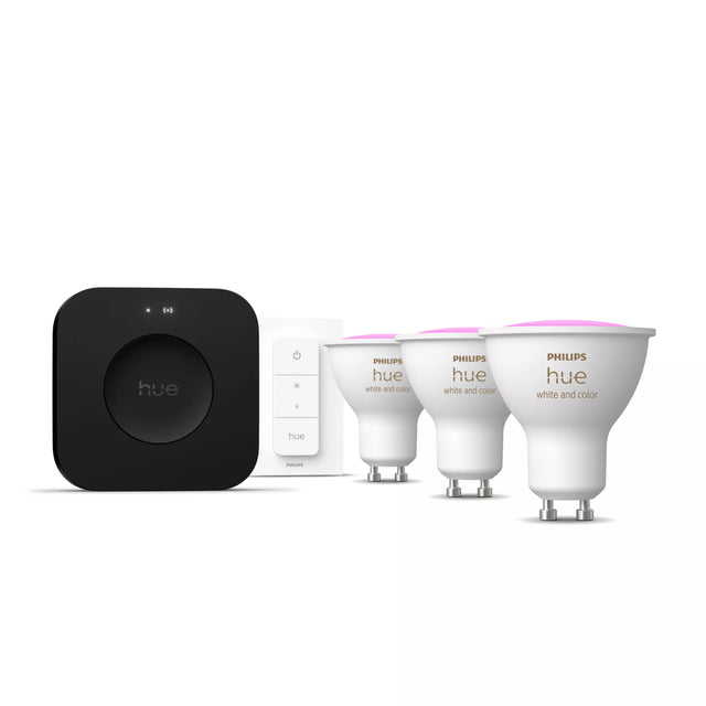 Kit de démarrage - PHILIPS HUE - Lumiere blanche et ambiance colorée - 1 Bridge Pro + 3  3 spots GU10 400 lumens + 1 dimmer switch