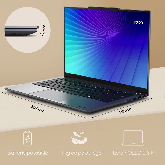 PC Portable MEDION Signium 14 S1 | Sans Windows - 14 2,8K OLED 120Hz - Intel Core 5-120U - RAM 16Go - Stockage 512 Go SSD - AZERTY