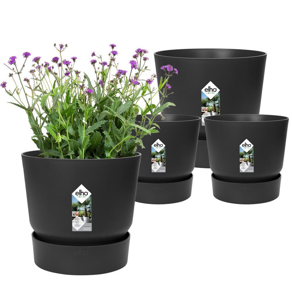 ELHO Lot de 2 pots de fleurs rond Greenville - Ø14xH13,4 cm et Ø16xH15,3 cm - 7 L - Noir