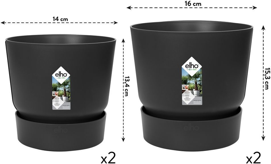 ELHO Lot de 2 pots de fleurs rond Greenville - Ø14xH13,4 cm et Ø16xH15,3 cm - 7 L - Noir