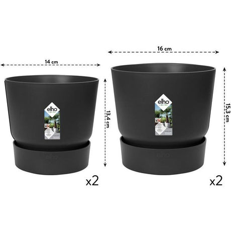 ELHO Lot de 2 pots de fleurs rond Greenville - Ř14xH13,4 cm et Ř16xH15,3 cm - 7 L - Noir