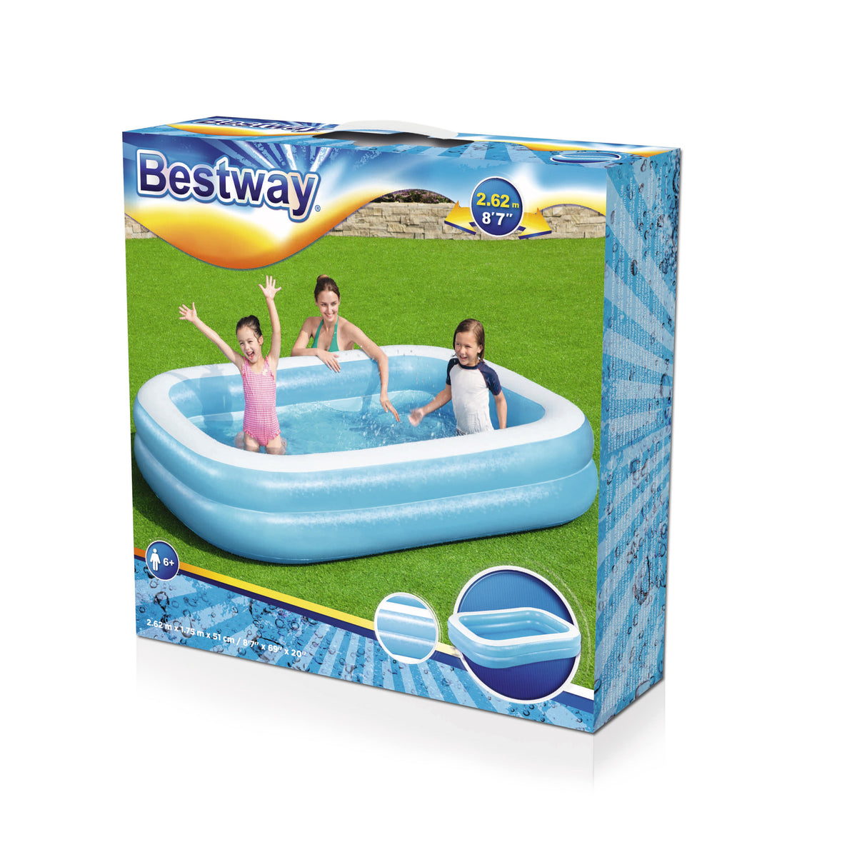 Piscine gonflable rectangulaire Bestway 262 x 175 x 51 cm - Bleu et blanc - Pour enfant - Utilisation extérieure