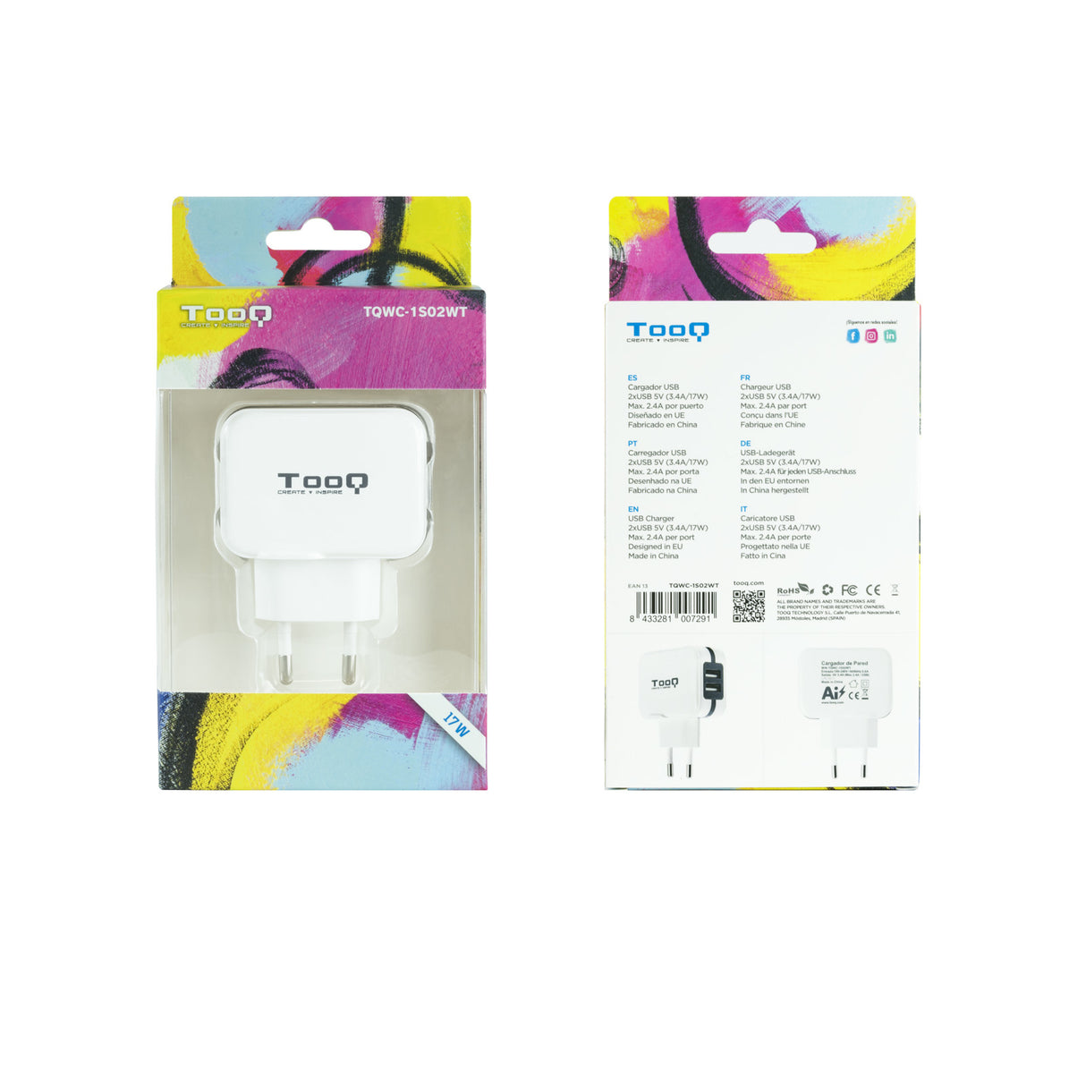 Chargeur secteur TooQ 2 port USB-A 17W (Blanc)