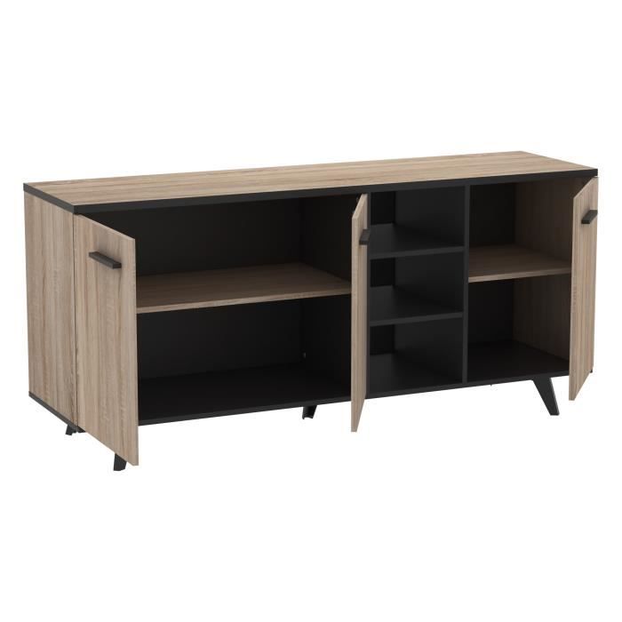 Buffet bas - Décor chene brossé et noir mat - Contemporain - WAYNE - L 160,7 cm