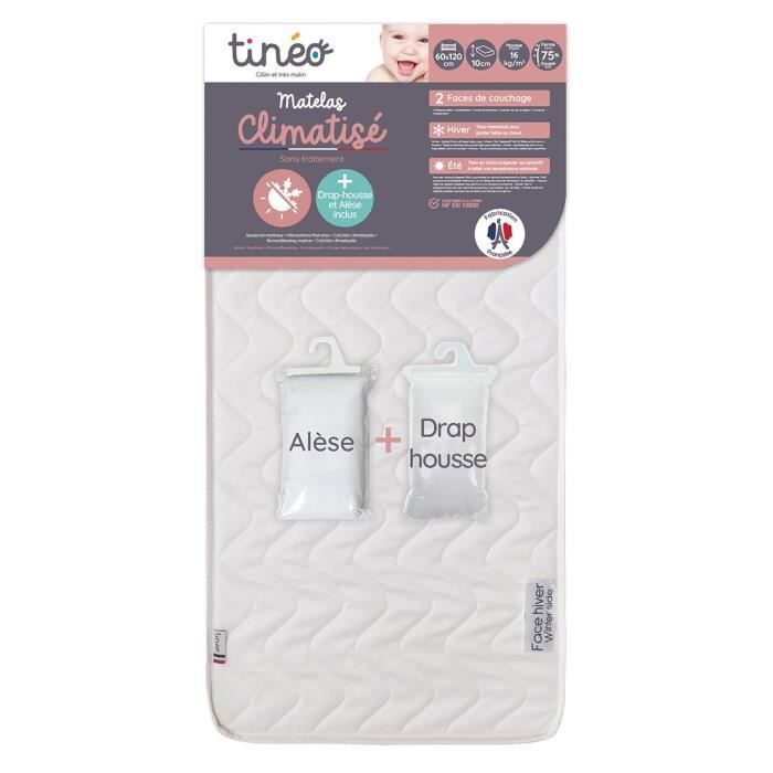 Matelas climatisé TINEO 60x120 cm + drap housse + alese (lot)