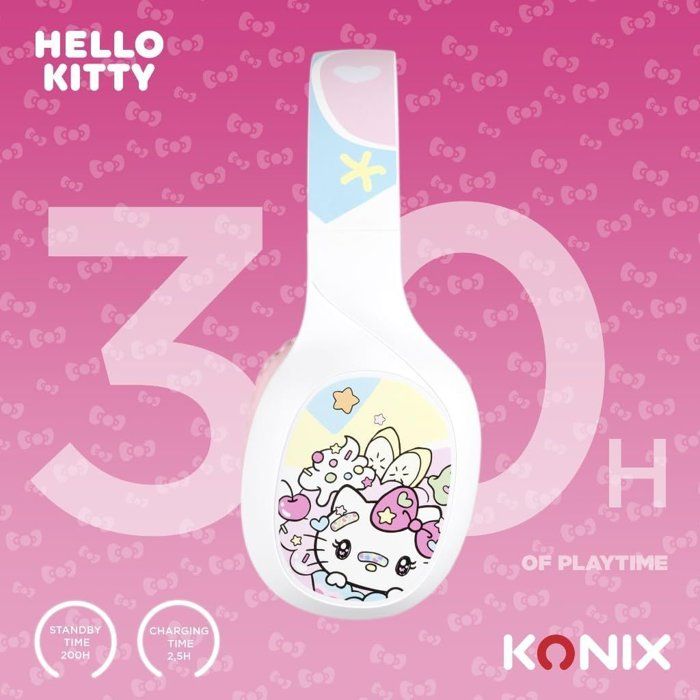 Casque audio - Sans fil - Konix - Hello Kitty - Bluetooth 5.3 PC, smartphones et tablettes - Autonomie 30 h - Blanc et rose