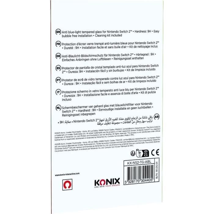 Protection d'écran en verre trempé - KONIX - Nintendo Switch 2 - Anti-lumiere bleue - Anti-bulle - Indice de dureté 9H - Transparent