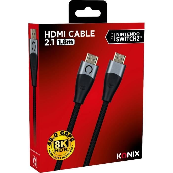 Câble HDMI 2.1 - KONIX - Nintendo Switch 2  - Compatibilité 4K et 8K - Nylon tressé - Longueur 1,8 m - Noir