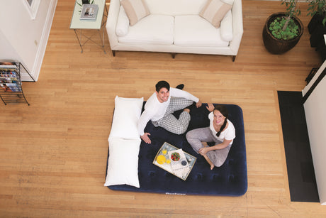 BESTWAY Matelas gonflable floqué Horizon Double + Pompe électrique Sidewinder + Sac – 2 places – Bleu