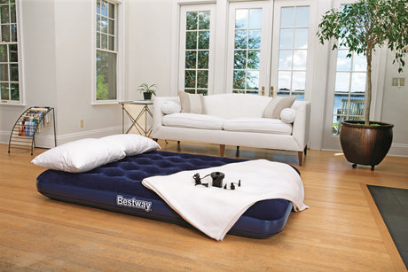 BESTWAY Matelas gonflable floqué Horizon Double + Pompe électrique Sidewinder + Sac – 2 places – Bleu