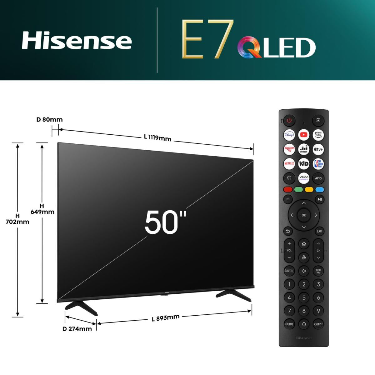 Hisense 50E7NQ - TV QLED 50" (126 cm) - 4K UHD 3840x2160 - HDR10 - TV connecté - 3xHDMI 2.1 - WiFi