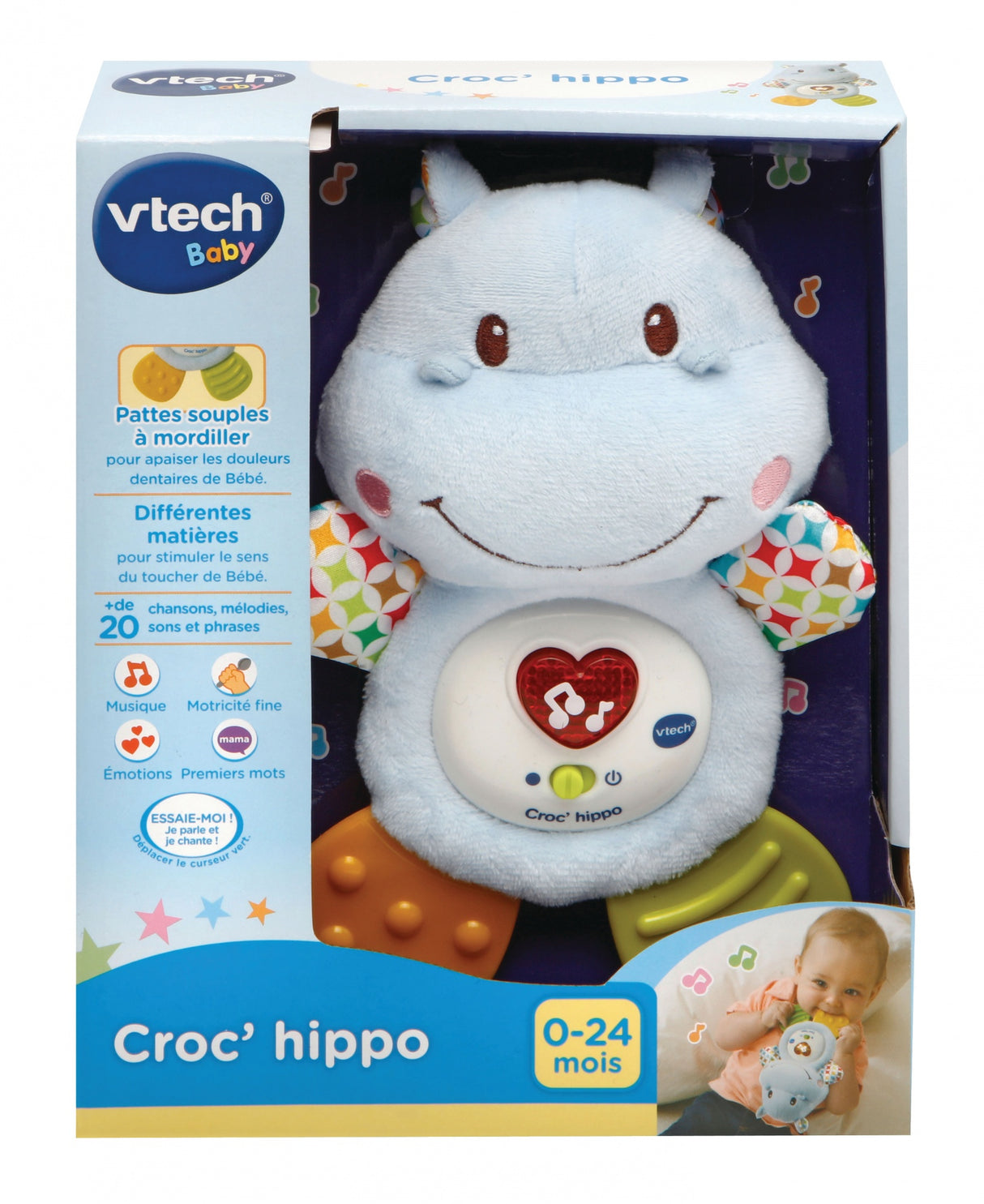 VTECH BABY - Hochet Croc'Hippo - Peluche Texturée Bleue
