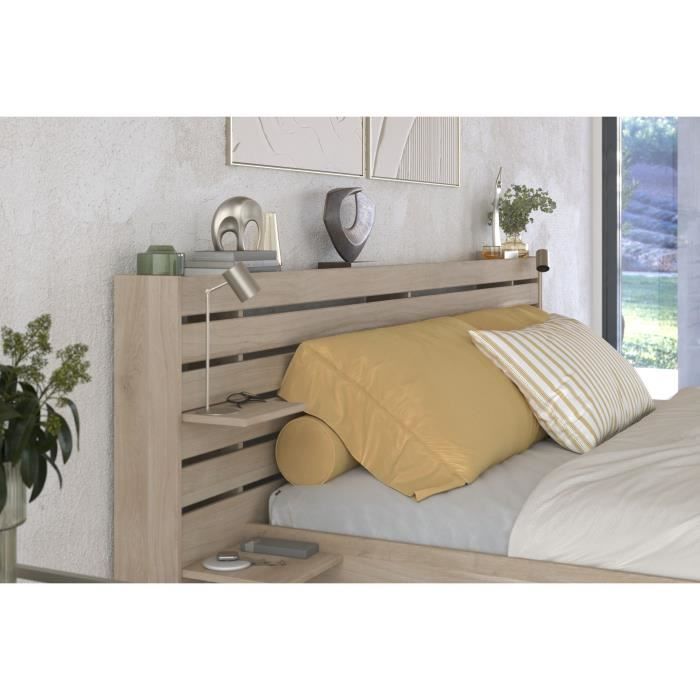 Lit adulte ESCALE 180x200 cm - Décor chene du Japon - 2 tiroirs + Tete de lit - L235.4 x H98,2 x P216,8 cm - Fabriqué en France