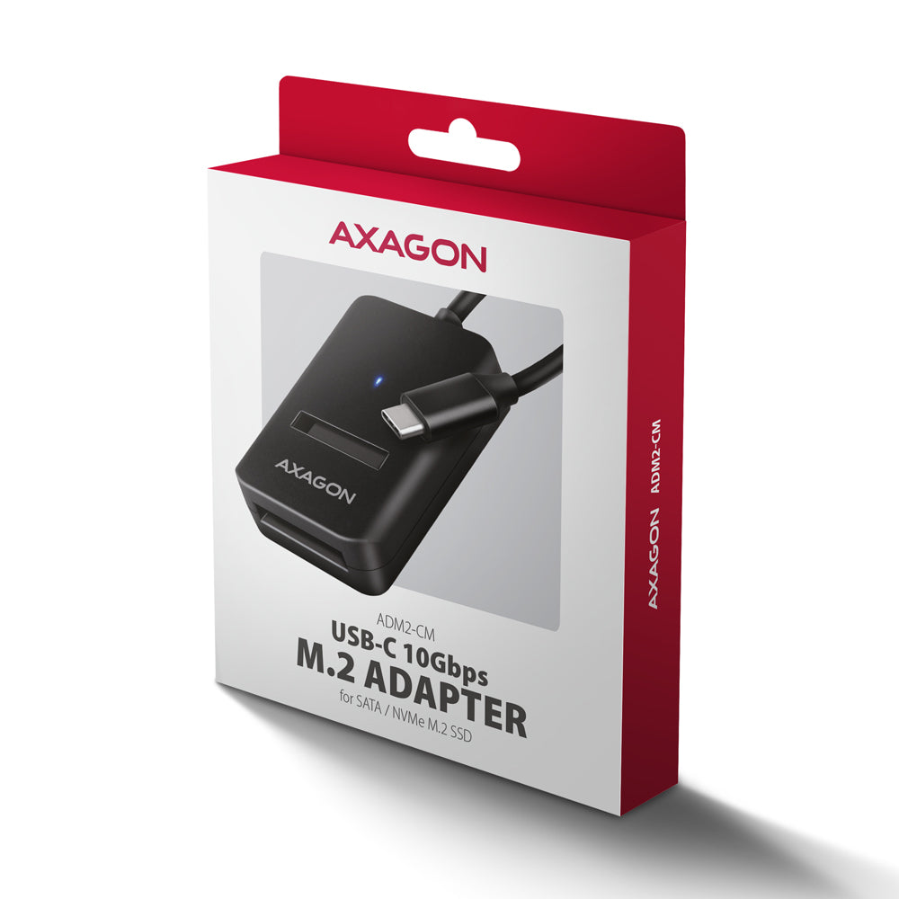 Adaptateur USB-C 3.2 Axagon ADM2-CM vers M.2 S-ATA/NVMe auto-alimenté