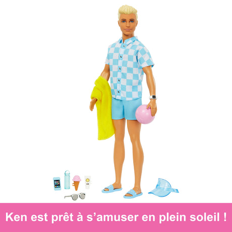 Barbie-Ken Plage-Poupée blonde short de bain et accessoires de plage HPL74