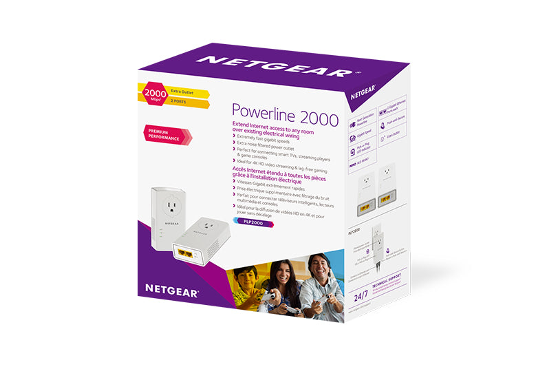 NETGEAR Pack de 2 adaptateurs CPL 2000 Mbit/s- 2 ports 10/100/1000 RJ45 - Avec prise intégrée PLP2000-100FRS