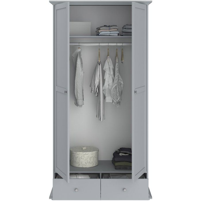Armoire de chambre - MARGAUX - Gris galet- 2 portes  + 2 tiroirs - Style charme - L104 x P53 x H202 cm