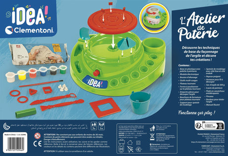 CLEMENTONI - L'atelier de Poterie - Tour de Potier Électrique - Des 7 Ans - Coffret Complet avec Argile, Peinture, Moules