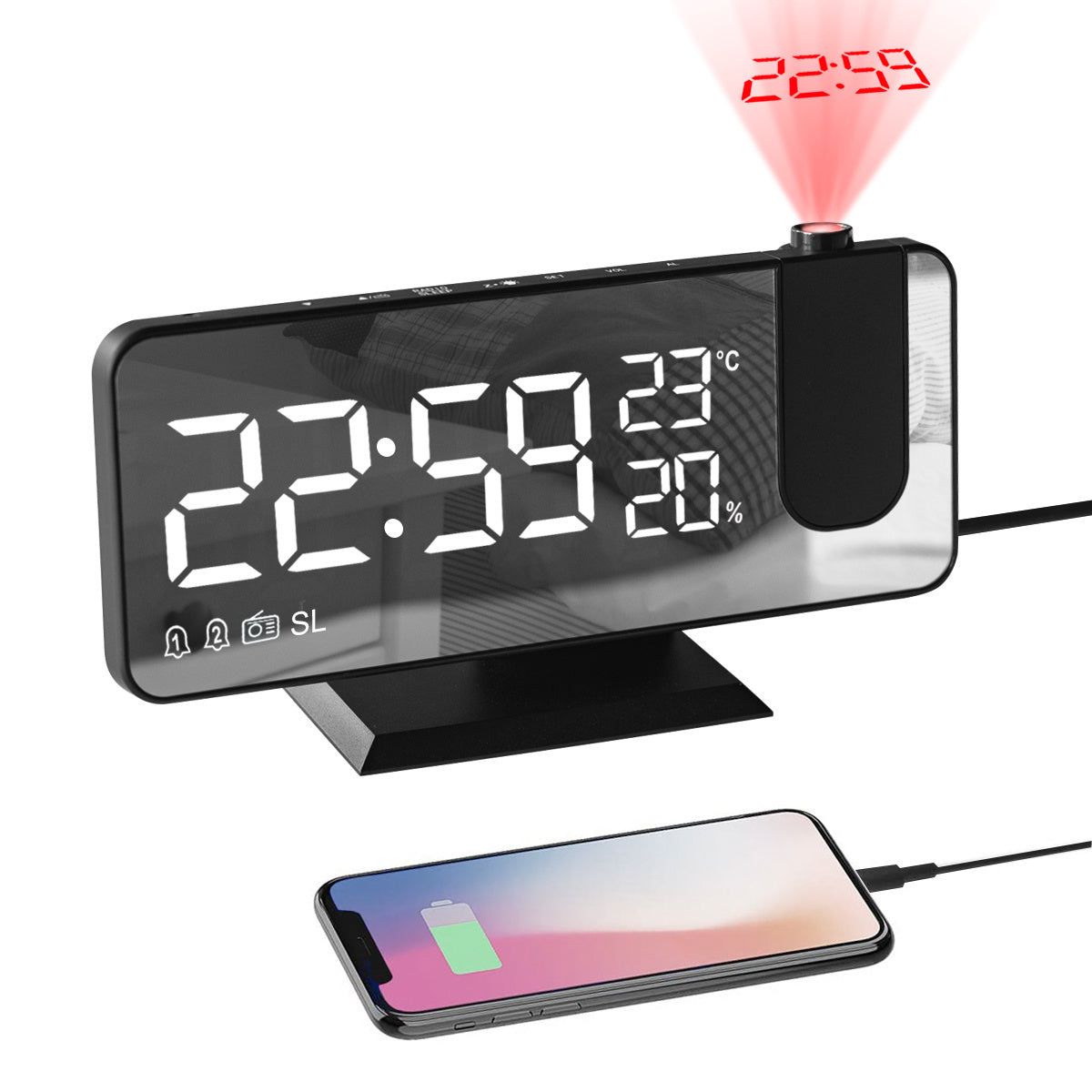 Radio réveil grand affichage avec projecteur,ecran effect miroir port USB pour l