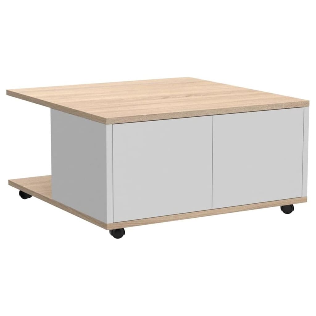 FMD Table basse mobile 70x70x36 cm chêne et blanc brillant