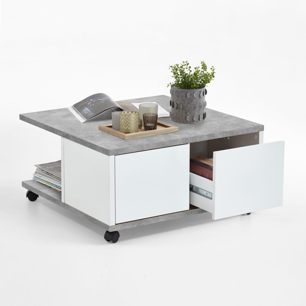 FMD Table basse mobile 70x70x35,5 cm béton et blanc brillant