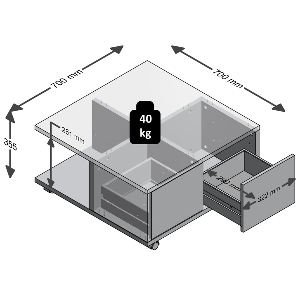 FMD Table basse mobile 70x70x35,5 cm béton et blanc brillant