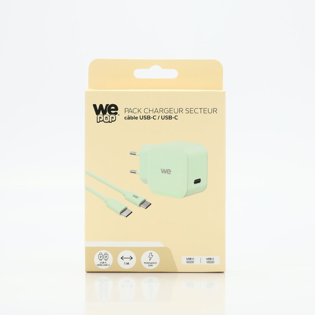 WE POP Pack Chargeur secteur + C ble USB-C/USB-C Vert : Chargeur secteur vert PD