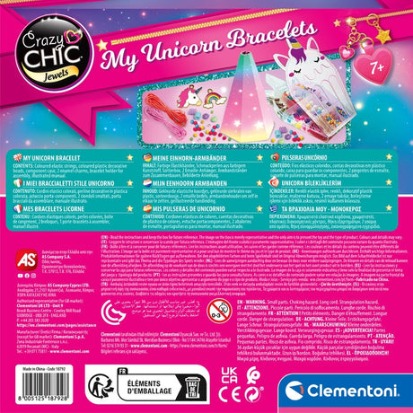 Clementoni - Crazy Chic - Coffret créatif Licorne - Créer tes bracelets en perles colorés avec charms et pompoms - Dés 7ans